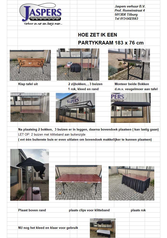 Marktkraam (Party de Luxe) 183 x 76 (smal) + zwart rok en bovendoek en wit kleed